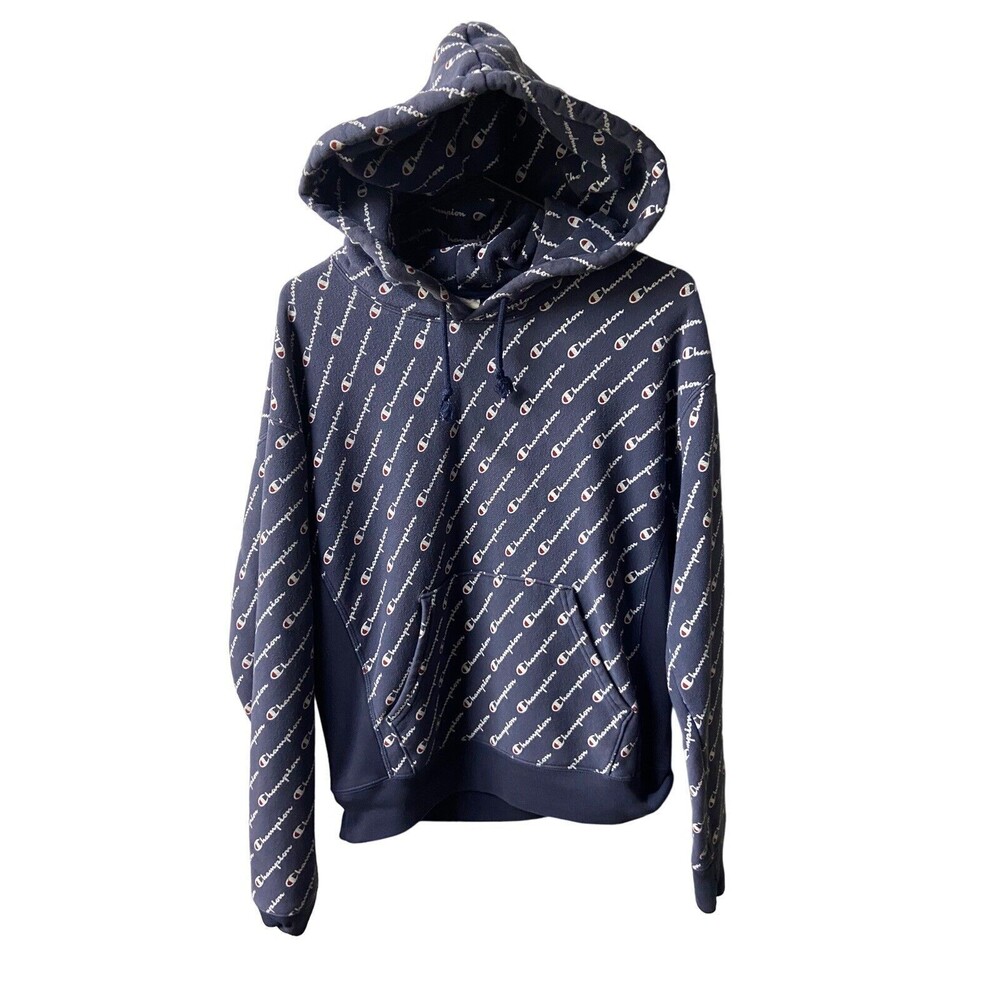 Champion Pullover Hoodie Mens Blue Size M All Over Print Navy Warm
